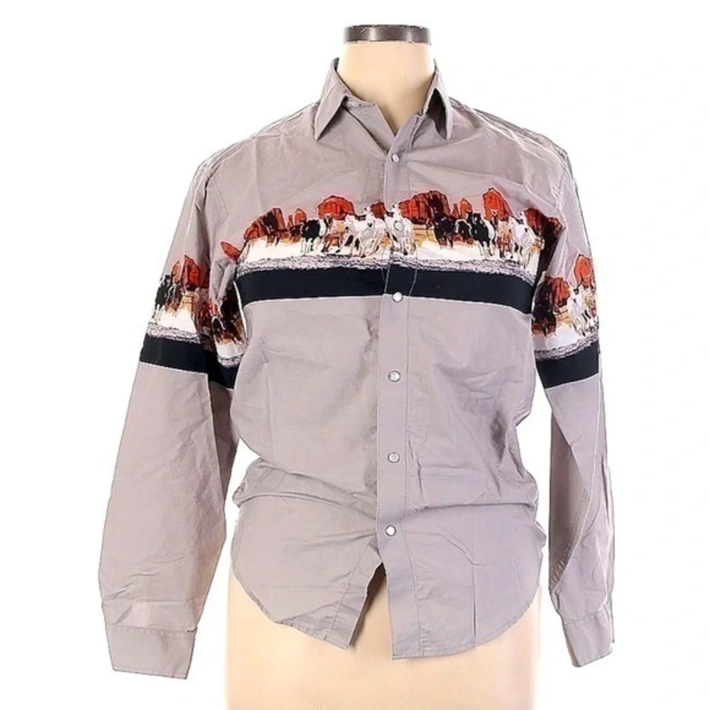 Vintage Panhandle Southwestern Western Horses Snap Button Front Shirt Size 18